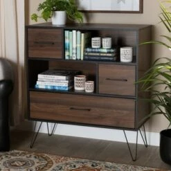 Brand new 🧨 38.98" 1 Drawer Charis Two-Tone Finished Wood Bookshelf Walnut/Black - Baxton Studio 😍 -Bookshelves And Bookcases store unnamed file 1242