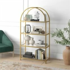 Best Pirce 🧨 Henn& Hart 62 in. Arched Brass Finish Bookcase - Henn&Hart 🎁 -Bookshelves And Bookcases store unnamed file 1260