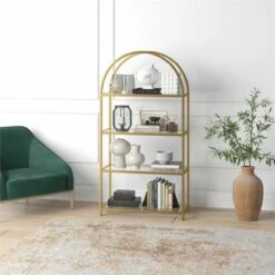 Best Pirce 🧨 Henn& Hart 62 in. Arched Brass Finish Bookcase - Henn&Hart 🎁 -Bookshelves And Bookcases store unnamed file 1261
