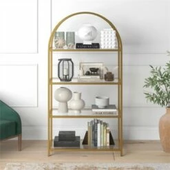 Best Pirce 🧨 Henn& Hart 62 in. Arched Brass Finish Bookcase - Henn&Hart 🎁 -Bookshelves And Bookcases store unnamed file 1262