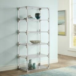 Promo ✔️ 55 Downing Street Hanna 70 3/4" Clear Acrylic and Chrome 6-Shelf Open Bookcase ✨