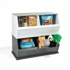 Wholesale ✨ Badger Basket 2 Bin Stackable Storage Cubby Charcoal/Gray Woodgrain ⌛ -Bookshelves And Bookcases store unnamed file 1928