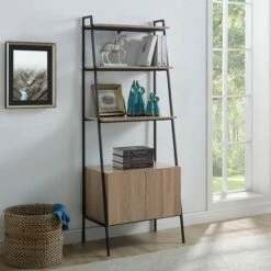 Cheap 👍 72" Open Shelf and Closed Storage Cabinet Ladder Bookcase - Saracina Home Dark Walnut 😀