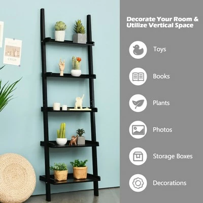 Deals 🛒 Costway Ladder Shelf 5-Tier Plant Stand Wall-leaning Bookcase Display Rack Black 🔥 5 Deals 🛒 Costway Ladder Shelf 5-Tier Plant Stand Wall-leaning Bookcase Display Rack Black 🔥 - Image 3