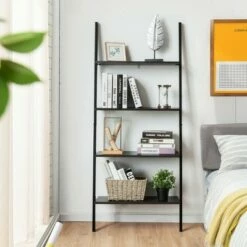 Deals ⭐ Costway Industrial Ladder Shelf 4-Tier Leaning Wall Bookcase Plant Stand Rustic Black/Brown ✔️ -Bookshelves And Bookcases store unnamed file 2372