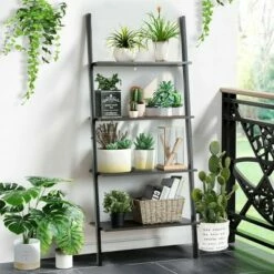 Deals ⭐ Costway Industrial Ladder Shelf 4-Tier Leaning Wall Bookcase Plant Stand Rustic Black/Brown ✔️ -Bookshelves And Bookcases store unnamed file 2373