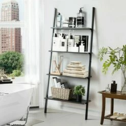 Deals ⭐ Costway Industrial Ladder Shelf 4-Tier Leaning Wall Bookcase Plant Stand Rustic Black/Brown ✔️ -Bookshelves And Bookcases store unnamed file 2374