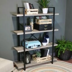 Discount 🤩 Sunnydaze Decor Sunnydaze 4 Shelf Industrial Style Freestanding Etagere Bookshelf with Wood Veneer Shelves - Oak Gray Veneer 🔔 -Bookshelves And Bookcases store unnamed file 2385