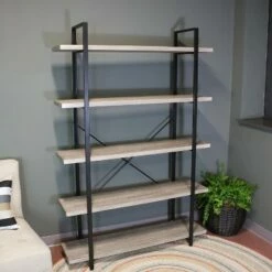 Brand new 😀 Sunnydaze Decor Sunnydaze 5 Shelf Industrial Style Freestanding Etagere Bookshelf with Wood Veneer Shelves - Oak Gray Veneer ⌛