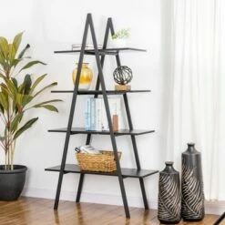 Best Pirce 🎁 65" 4 Tier Metal and Wooden Leaning Bookcases and Ladder Shelves - Glitzhome Walnut 💯