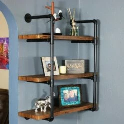 Cheapest 🛒 Sunnydaze Decor Sunnydaze 3 Shelf Industrial Style Pipe Frame Wall-Mounted Floating Shelf with Wood Veneer Shelves - Teak Veneer 🌟