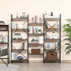 Hot Sale 👍 HOMCOM 5-Tier Industrial Look Bookshelf with Open Storage Display Rack Metal Frame for Home Office Walnut 😀
