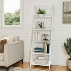 Budget ❤️ Lavish Home 5-Tier Ladder Bookshelf - Leaning Decorative Shelves, White 🧨 -Bookshelves And Bookcases store unnamed file 2809