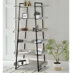 Buy 🌟 74" 6 Tier Wooden Ladder Storage Bookshelf with Metal Frame Gray/Black - The Urban Port ⭐ -Bookshelves And Bookcases store unnamed file 2885