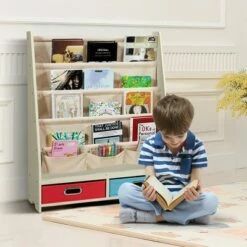 Best Pirce 🥰 Costway Kids Book Rack Toys Organizer with 4 Sling Bookshelf & 2 Boxes EspressoBeige 😉