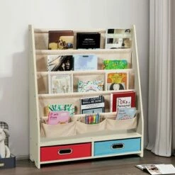 Best Pirce 🥰 Costway Kids Book Rack Toys Organizer with 4 Sling Bookshelf & 2 Boxes EspressoBeige 😉 -Bookshelves And Bookcases store unnamed file 2974
