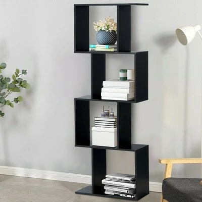 Best Sale ✔️ Costway 4-tier S-Shaped Bookcase Free Standing Storage Rack Wooden Display Decor Black ❤️ 4 Best Sale ✔️ Costway 4-tier S-Shaped Bookcase Free Standing Storage Rack Wooden Display Decor Black ❤️ - Image 2