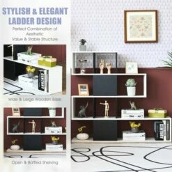 New 👍 Costway 5-Tier Bookshelf Corner Ladder Bookcase Display Storage Rack Black White 🔔 -Bookshelves And Bookcases store unnamed file 3110