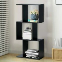 Budget ❤️ Costway 3-tier S-Shaped Bookcase Free Standing Storage Rack Wooden Display Decor Black ✨ -Bookshelves And Bookcases store unnamed file 3220