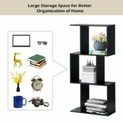 Budget ❤️ Costway 3-tier S-Shaped Bookcase Free Standing Storage Rack Wooden Display Decor Black ✨ -Bookshelves And Bookcases store unnamed file 3223