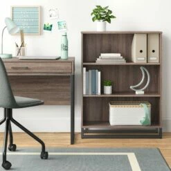 New 🤩 Mixed Material 3 Shelf Bookcase - Room Essentials™ Gray 🧨