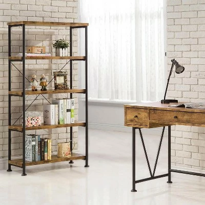Cheapest โ Coaster Furniture Barritt Collection 5 Shelf Durable Heavy Duty Steel Metal 63 inch Bookcase Shelf, Antique Nutmeg Finish with Black Metal Frame ๐ 3 Cheapest โ Coaster Furniture Barritt Collection 5 Shelf Durable Heavy Duty Steel Metal 63 inch Bookcase Shelf, Antique Nutmeg Finish with Black Metal Frame ๐