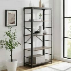 Flash Sale 🌟 64" Benny Angle Iron 4 Tiered Mixed Material Bookshelf - Saracina Home Rustic Oak 💯