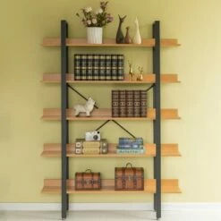Best Sale 👏 Fabulaxe Industrial 5 Shelf Wood and Metal Etagere Rustic Bookcase Free Standing Bookshelf 🌟