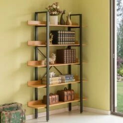 Best Sale 👏 Fabulaxe Industrial 5 Shelf Wood and Metal Etagere Rustic Bookcase Free Standing Bookshelf 🌟 -Bookshelves And Bookcases store unnamed file 4835