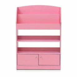 Outlet 😀 Furinno KidKanac Bookshelf Bookcase with 4 Shelves and Toy Storage Cabinet for Bedroom, Living Room or Playroom Organization, Pink ⭐