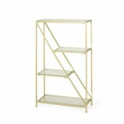 Promo 😍 Kokesh Modern Glam Tempered Glass 3 Shelf Asymmetrical Bookcase Gold - Christopher Knight Home 👏