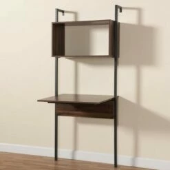 Deals ⌛ Fariat Walnut Wood and Metal Display Shelf with Desk Brown/Black - Baxton Studio ✨ -Bookshelves And Bookcases store unnamed file 5123