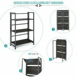 Promo 💯 Costway 3-Tier Folding Bookshelf Foldable Metal Storage Shelf Portable Display Rack GreyWood 🔥 -Bookshelves And Bookcases store unnamed file 518