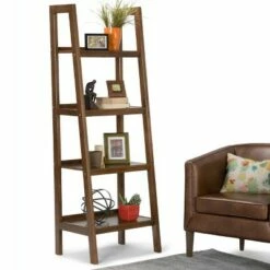 Budget 🛒 72"x24" Hawkins Solid Wood Ladder Shelf with Storage - Wyndenhall Medium Saddle Brown ⌛