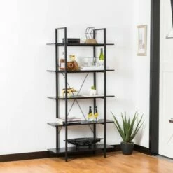 Coupon 👍 Modern Industry Metal/Wooden 5 Tier Bookcase and Shelves - Glitzhome Black 🌟