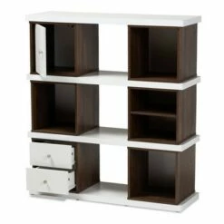 Top 10 🛒 39.06" Rune Two-Tone 2 Drawer Bookcase White/Walnut - Baxton Studio ⌛