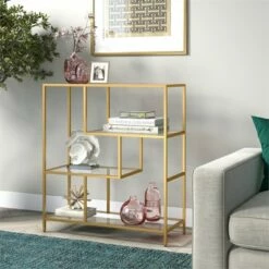 Discount ❤️ Henn& Hart 40" Tall Brass Finish Bookcase - Henn&Hart 🤩 -Bookshelves And Bookcases store unnamed file 970